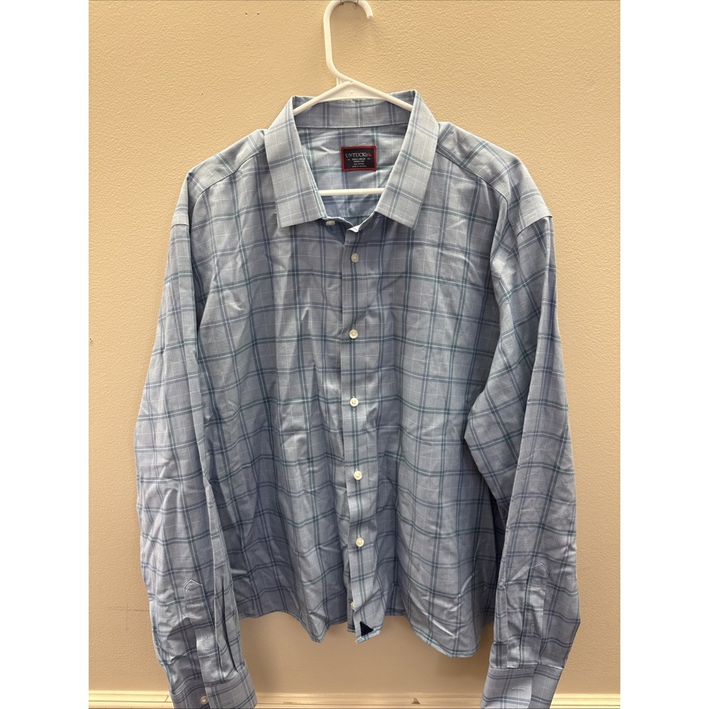 UNTUCKit Mens 3XL Blue Plaid Long Sleeve Button Down Shirt Cotton Wrinkle Free